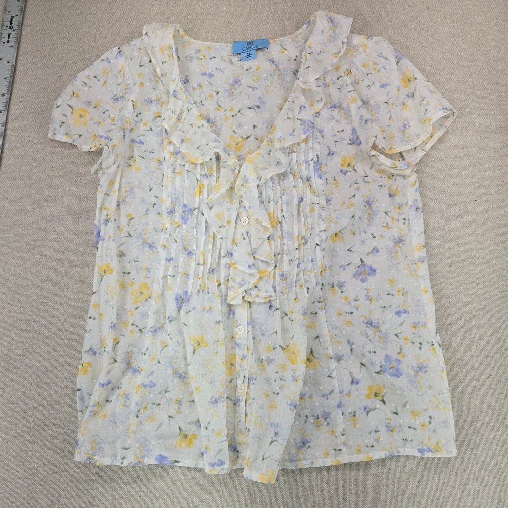 CeCe Floral Clip Dot Ruffle Blouse White Yellow Blue Top Extra Small XS